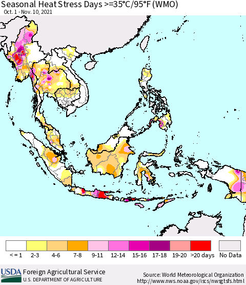 South East Asia Seasonal Heat Stress Days >=35°C/95°F (WMO) Thematic Map For 10/1/2021 - 11/10/2021
