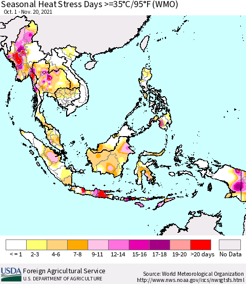South East Asia Seasonal Heat Stress Days >=35°C/95°F (WMO) Thematic Map For 10/1/2021 - 11/20/2021