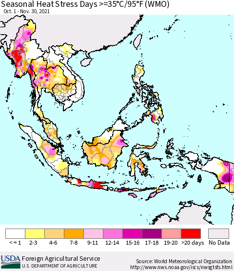South East Asia Seasonal Heat Stress Days >=35°C/95°F (WMO) Thematic Map For 10/1/2021 - 11/30/2021
