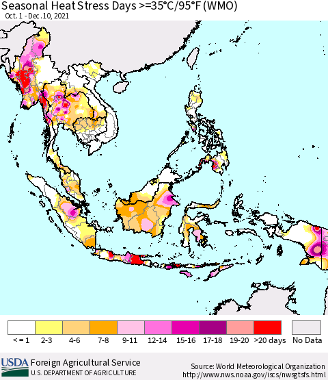 South East Asia Seasonal Heat Stress Days >=35°C/95°F (WMO) Thematic Map For 10/1/2021 - 12/10/2021