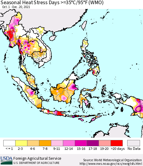 South East Asia Seasonal Heat Stress Days >=35°C/95°F (WMO) Thematic Map For 10/1/2021 - 12/20/2021