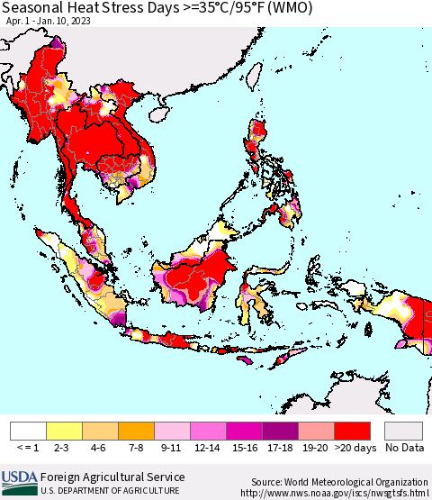 South East Asia Seasonal Heat Stress Days >=35°C/95°F (WMO) Thematic Map For 4/1/2022 - 1/10/2023