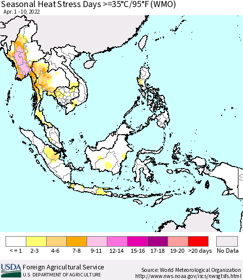 South East Asia Seasonal Heat Stress Days >=35°C/95°F (WMO) Thematic Map For 4/1/2022 - 4/10/2022