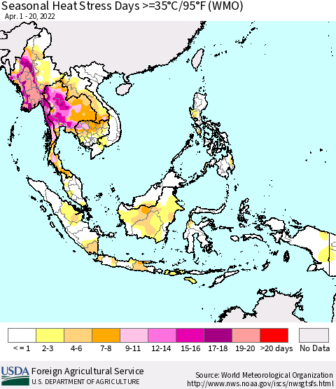South East Asia Seasonal Heat Stress Days >=35°C/95°F (WMO) Thematic Map For 4/1/2022 - 4/20/2022