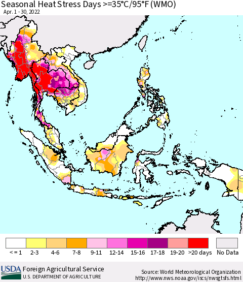 South East Asia Seasonal Heat Stress Days >=35°C/95°F (WMO) Thematic Map For 4/1/2022 - 4/30/2022