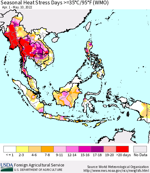 South East Asia Seasonal Heat Stress Days >=35°C/95°F (WMO) Thematic Map For 4/1/2022 - 5/10/2022
