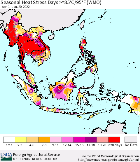 South East Asia Seasonal Heat Stress Days >=35°C/95°F (WMO) Thematic Map For 4/1/2022 - 6/20/2022