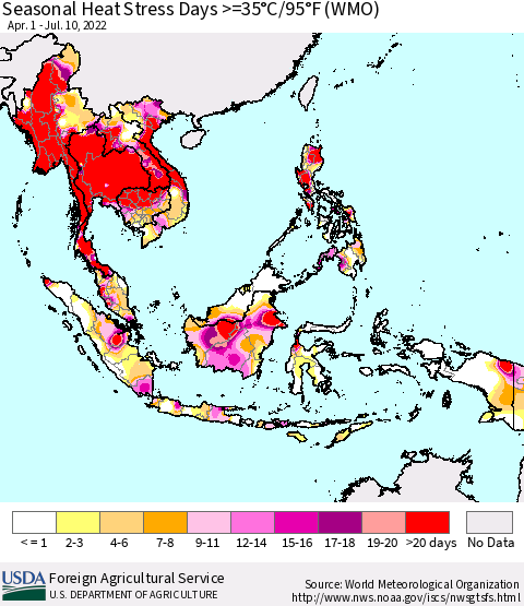 South East Asia Seasonal Heat Stress Days >=35°C/95°F (WMO) Thematic Map For 4/1/2022 - 7/10/2022