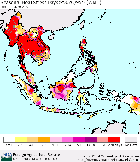 South East Asia Seasonal Heat Stress Days >=35°C/95°F (WMO) Thematic Map For 4/1/2022 - 7/20/2022