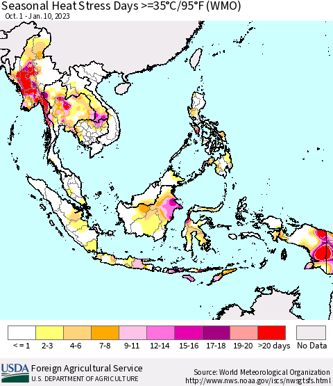 South East Asia Seasonal Heat Stress Days >=35°C/95°F (WMO) Thematic Map For 10/1/2022 - 1/10/2023