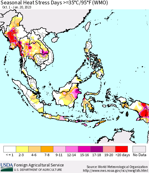South East Asia Seasonal Heat Stress Days >=35°C/95°F (WMO) Thematic Map For 10/1/2022 - 1/20/2023