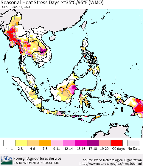 South East Asia Seasonal Heat Stress Days >=35°C/95°F (WMO) Thematic Map For 10/1/2022 - 1/31/2023