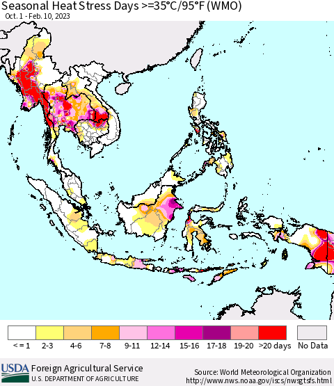 South East Asia Seasonal Heat Stress Days >=35°C/95°F (WMO) Thematic Map For 10/1/2022 - 2/10/2023