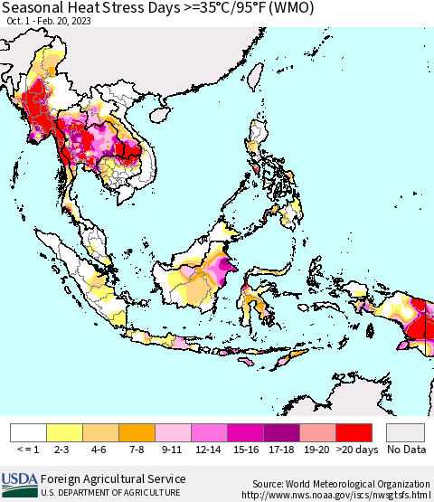 South East Asia Seasonal Heat Stress Days >=35°C/95°F (WMO) Thematic Map For 10/1/2022 - 2/20/2023