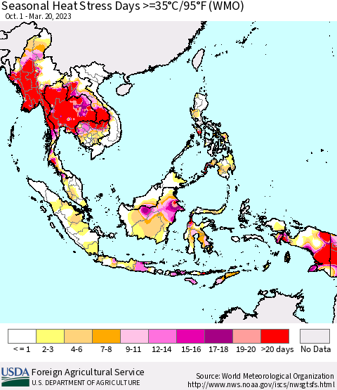South East Asia Seasonal Heat Stress Days >=35°C/95°F (WMO) Thematic Map For 10/1/2022 - 3/20/2023