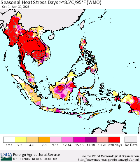 South East Asia Seasonal Heat Stress Days >=35°C/95°F (WMO) Thematic Map For 10/1/2022 - 4/30/2023