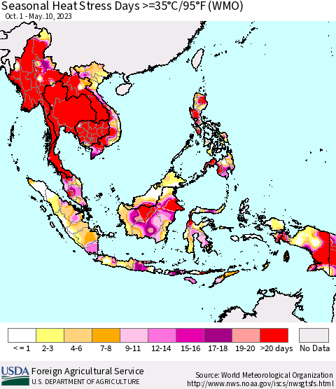 South East Asia Seasonal Heat Stress Days >=35°C/95°F (WMO) Thematic Map For 10/1/2022 - 5/10/2023