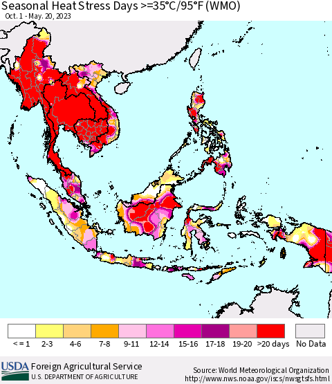 South East Asia Seasonal Heat Stress Days >=35°C/95°F (WMO) Thematic Map For 10/1/2022 - 5/20/2023