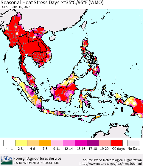 South East Asia Seasonal Heat Stress Days >=35°C/95°F (WMO) Thematic Map For 10/1/2022 - 6/10/2023