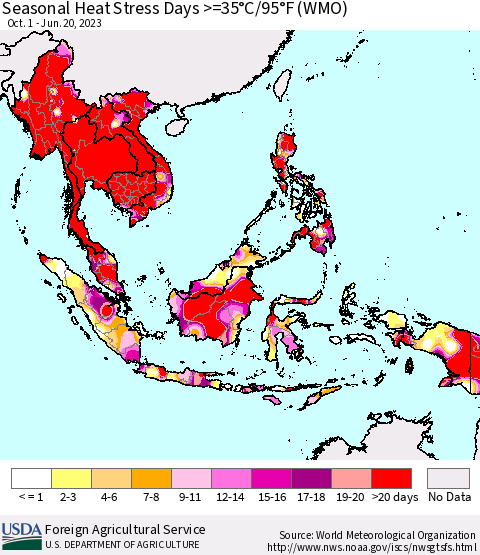 South East Asia Seasonal Heat Stress Days >=35°C/95°F (WMO) Thematic Map For 10/1/2022 - 6/20/2023