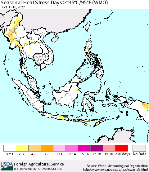 South East Asia Seasonal Heat Stress Days >=35°C/95°F (WMO) Thematic Map For 10/1/2022 - 10/10/2022