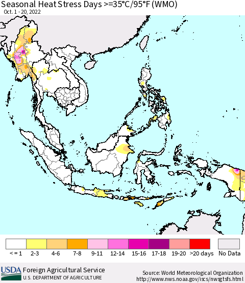South East Asia Seasonal Heat Stress Days >=35°C/95°F (WMO) Thematic Map For 10/1/2022 - 10/20/2022