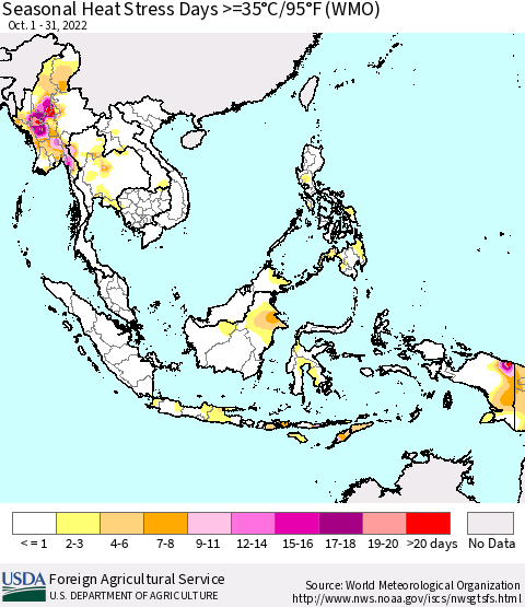 South East Asia Seasonal Heat Stress Days >=35°C/95°F (WMO) Thematic Map For 10/1/2022 - 10/31/2022