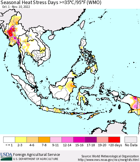 South East Asia Seasonal Heat Stress Days >=35°C/95°F (WMO) Thematic Map For 10/1/2022 - 11/10/2022