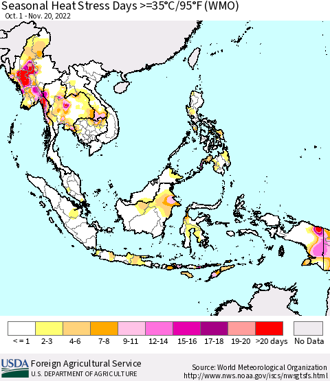 South East Asia Seasonal Heat Stress Days >=35°C/95°F (WMO) Thematic Map For 10/1/2022 - 11/20/2022