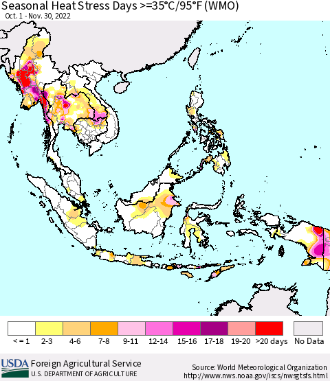 South East Asia Seasonal Heat Stress Days >=35°C/95°F (WMO) Thematic Map For 10/1/2022 - 11/30/2022