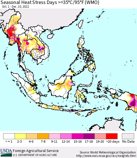 South East Asia Seasonal Heat Stress Days >=35°C/95°F (WMO) Thematic Map For 10/1/2022 - 12/10/2022
