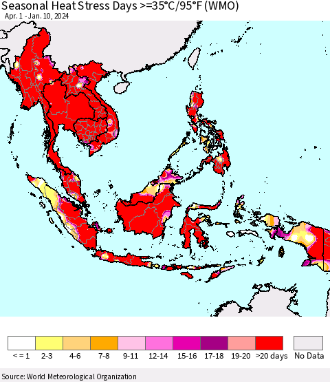South East Asia Seasonal Heat Stress Days >=35°C/95°F (WMO) Thematic Map For 4/1/2023 - 1/10/2024