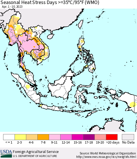 South East Asia Seasonal Heat Stress Days >=35°C/95°F (WMO) Thematic Map For 4/1/2023 - 4/10/2023
