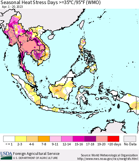 South East Asia Seasonal Heat Stress Days >=35°C/95°F (WMO) Thematic Map For 4/1/2023 - 4/20/2023