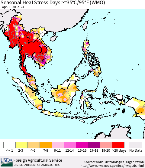 South East Asia Seasonal Heat Stress Days >=35°C/95°F (WMO) Thematic Map For 4/1/2023 - 4/30/2023