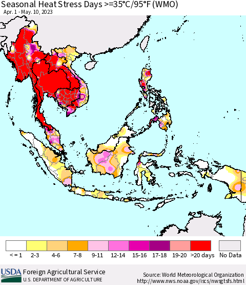 South East Asia Seasonal Heat Stress Days >=35°C/95°F (WMO) Thematic Map For 4/1/2023 - 5/10/2023