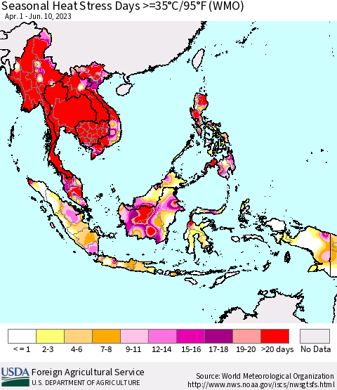 South East Asia Seasonal Heat Stress Days >=35°C/95°F (WMO) Thematic Map For 4/1/2023 - 6/10/2023