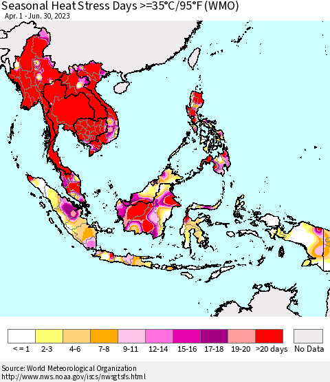 South East Asia Seasonal Heat Stress Days >=35°C/95°F (WMO) Thematic Map For 4/1/2023 - 6/30/2023