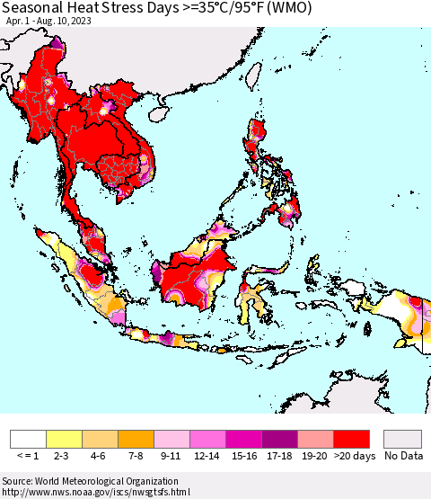 South East Asia Seasonal Heat Stress Days >=35°C/95°F (WMO) Thematic Map For 4/1/2023 - 8/10/2023