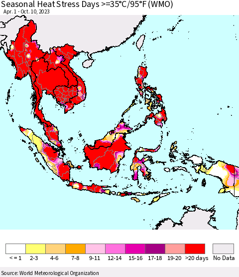 South East Asia Seasonal Heat Stress Days >=35°C/95°F (WMO) Thematic Map For 4/1/2023 - 10/10/2023