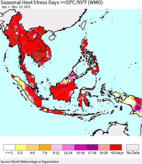 South East Asia Seasonal Heat Stress Days >=35°C/95°F (WMO) Thematic Map For 4/1/2023 - 11/10/2023