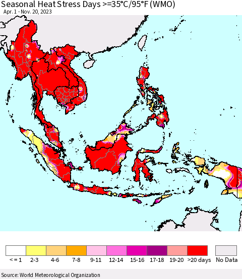 South East Asia Seasonal Heat Stress Days >=35°C/95°F (WMO) Thematic Map For 4/1/2023 - 11/20/2023