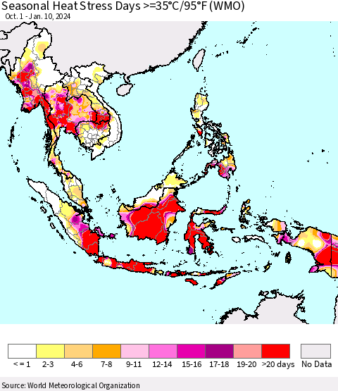 South East Asia Seasonal Heat Stress Days >=35°C/95°F (WMO) Thematic Map For 10/1/2023 - 1/10/2024