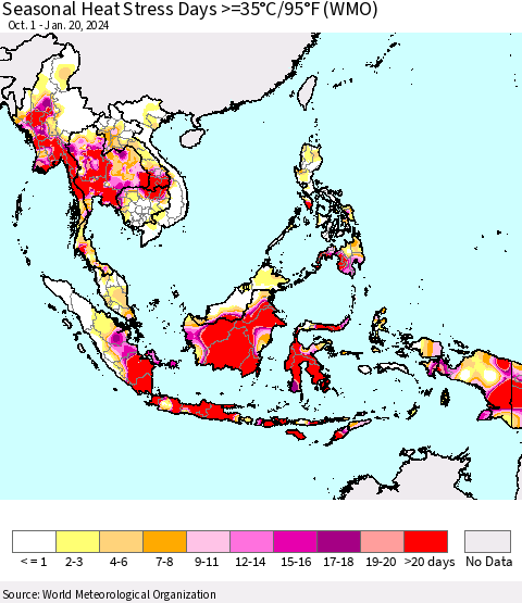 South East Asia Seasonal Heat Stress Days >=35°C/95°F (WMO) Thematic Map For 10/1/2023 - 1/20/2024