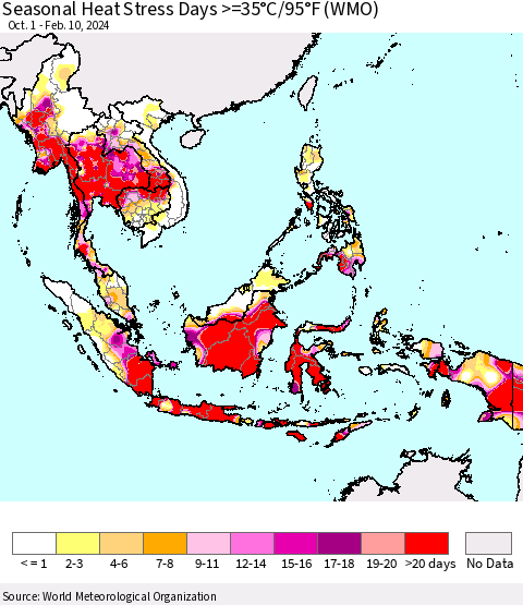 South East Asia Seasonal Heat Stress Days >=35°C/95°F (WMO) Thematic Map For 10/1/2023 - 2/10/2024