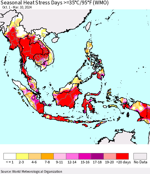 South East Asia Seasonal Heat Stress Days >=35°C/95°F (WMO) Thematic Map For 10/1/2023 - 3/10/2024