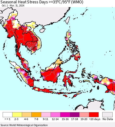 South East Asia Seasonal Heat Stress Days >=35°C/95°F (WMO) Thematic Map For 10/1/2023 - 3/31/2024