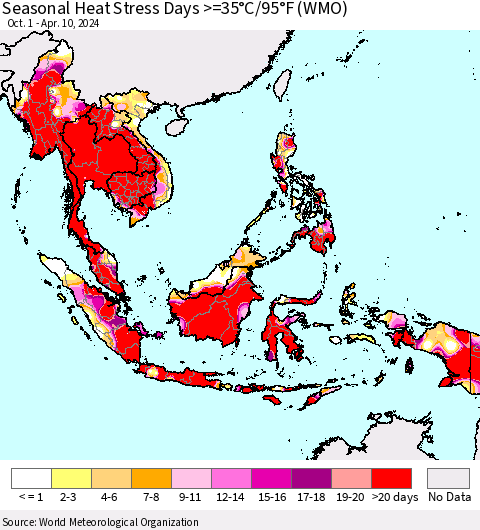 South East Asia Seasonal Heat Stress Days >=35°C/95°F (WMO) Thematic Map For 10/1/2023 - 4/10/2024