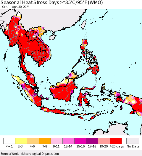 South East Asia Seasonal Heat Stress Days >=35°C/95°F (WMO) Thematic Map For 10/1/2023 - 4/30/2024