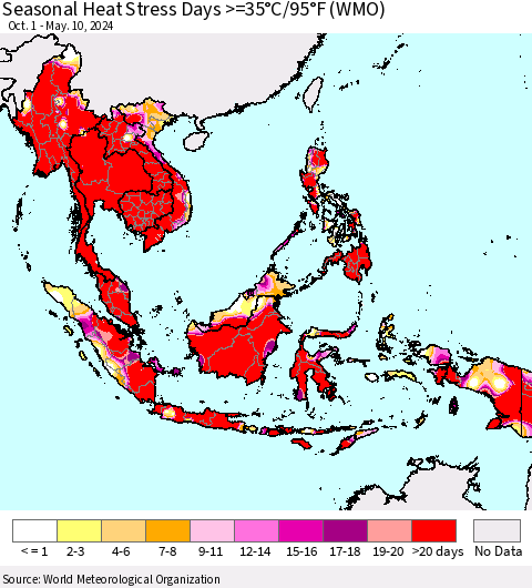 South East Asia Seasonal Heat Stress Days >=35°C/95°F (WMO) Thematic Map For 10/1/2023 - 5/10/2024